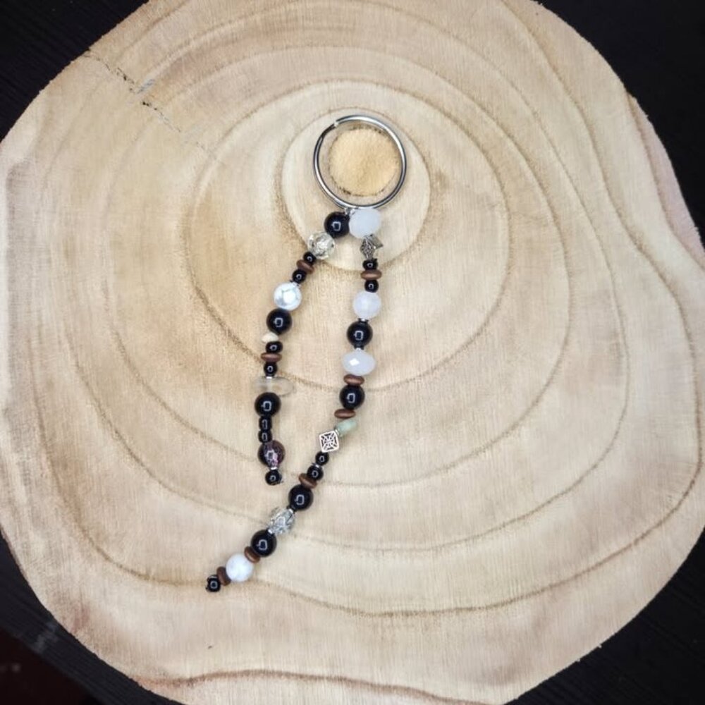 Obsidian, Sunstone, Moonstone & Rhodonite Gemstone Beaded Keychain